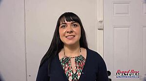 Busty brunette coed Victoria sucks a boner and gets banged hard.