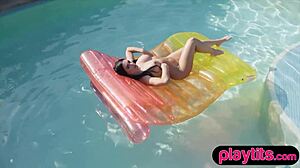 Curvy Milf Teases Big Tits While Stripping Nude in Pool