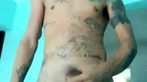 Skinny guy shows his banana toy at home