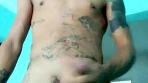 Skinny guy shows his banana toy at home