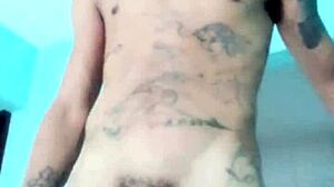 Skinny guy shows his banana toy at home