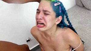 Big lips slutty brunette opens mouth for milky facial cumshot