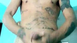 Skinny guy shows his banana toy at home