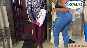 Delivery man has hot quickie with ebony slut client ripped jeans full part on red
