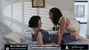 Girlsway busty olive glass and petite alexis tae strap-on fuck each other
