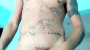 Skinny guy shows his banana toy at home