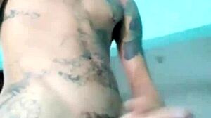 Skinny guy shows his banana toy at home