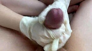 step sister jerks cock with oily latex gloves pov