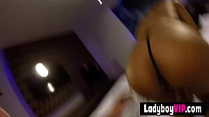Brown-skinned Asian ladyboy slut with long skinny legs gets POV fucked