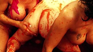 Three amazing lesbian girls in sexy swim wear have an outdoor orgy