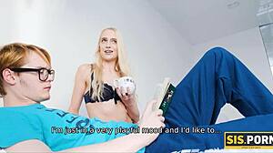 Slutty stepsister grabs stepbrother's cock, rides it in shaved pussy, cuckolding boyfriend