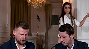 seductive cleaner candie luciani tempts businessmen into dp fucking in this free scene