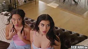 two horny sitters got fucked by a horny milf and hot lesbians in a wild threesome