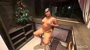 Hot black girl fucked hard in front of barbecue.