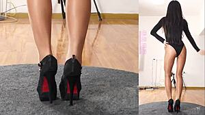 Asian girl in pantyhose and leotard practices her dance