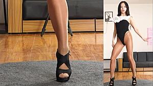 Asian girl in pantyhose and leotard practices her dance