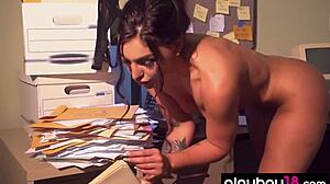 emjay rinaudo strips down in the office, showing off her perfect boobs