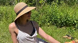 Wife in dress fucks husband's friend and gets public creampie in field.