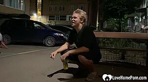 nerdy babe sucks dick on parking lot. pov homemade with monster cock.