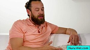 sexy blonde masseuse delivers relaxing nuru massage rubbing tits on client brad newman sonia harcourt