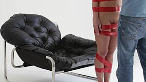 blonde playboy babe all tied up in red tape backstage