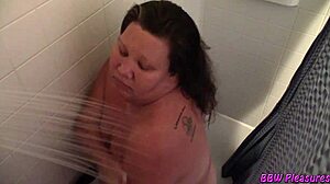 Naughty BBW housewife strips naked in the shower for her husband