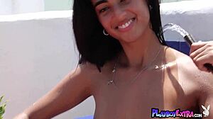katherinne sofia, petite latina teen, sunbathes outdoors. she cools her body by undressing.
