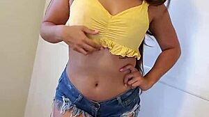 young thick latina teen with braces strips and rubs her pretty pink pussy!