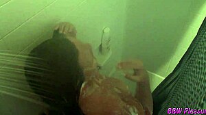 Naughty BBW housewife strips naked in the shower for her husband