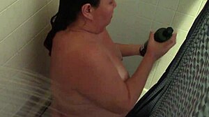 Naughty BBW housewife strips naked in the shower for her husband