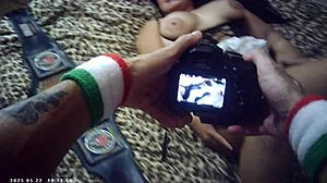 Behind scenes, first timer bombshell gets pounded by Italian machine.