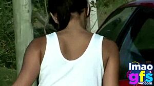 two hot brunettes naked in the carwash showing off big tits and perfect ass