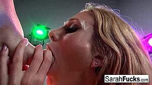 Blonde milf Sarah casually shows her cocksucking skills