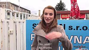 A freezing blond secretary with an awesome body and tits gets convinced to fuck a stranger in the car