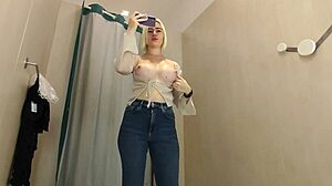 see through clothes try on haul in dressing room with transparent top and no bra