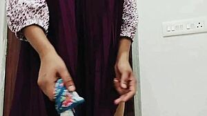 College girl fingers herself with a big eggplant in homemade creamy scene.