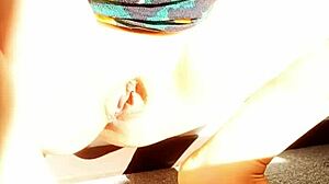 Mature woman shows delicious meat box in homemade close up