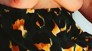 Mature woman shows delicious meat box in homemade close up