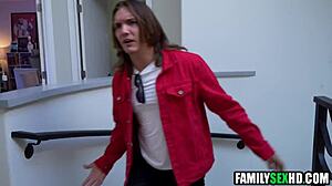 Nerdy step sister with BFF threesome fucks blindfolded step brother