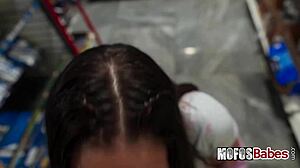 Horny brunette sucks and fucks huge dick at grocery store