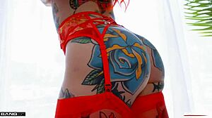 tattooed redhead with pierced nipples rides hard while getting clit licked and nipples sucked