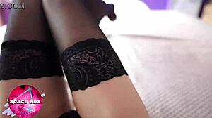 does this babe in stockings masturbate her pussy and cum on feet?