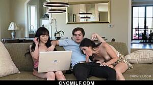 Stepsisters call guy for laptop repair, get freeuse fucked