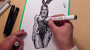 Drawn hot sexy girl in latex quick sketch with markers, featuring anal and doggystyle poses