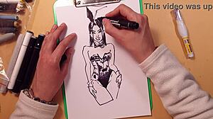 Drawn hot sexy girl in latex quick sketch with markers, featuring anal and doggystyle poses