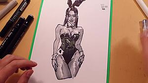 Drawn hot sexy girl in latex quick sketch with markers, featuring anal and doggystyle poses