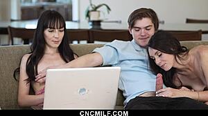 Stepsisters call guy for laptop repair, get freeuse fucked