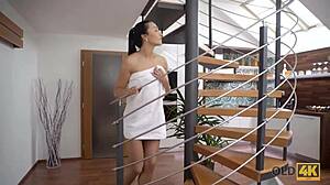 old man hooks up with brunette after shower