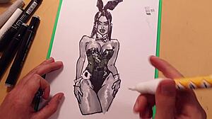 Drawn hot sexy girl in latex quick sketch with markers, featuring anal and doggystyle poses