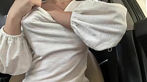 Horny milf squirts publicly in someone else's car during creampie!